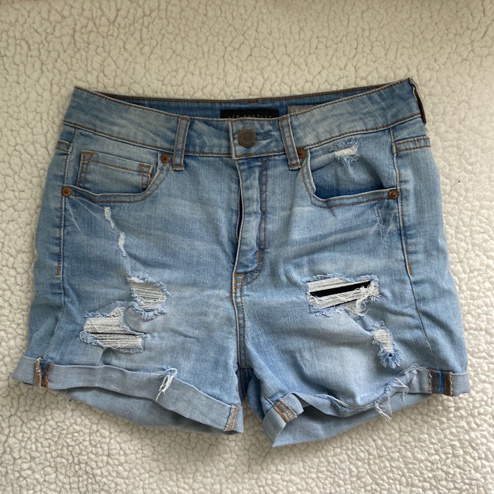 Aeropostale High-Waisted Denim Midi Light Blue Ripped Shorts